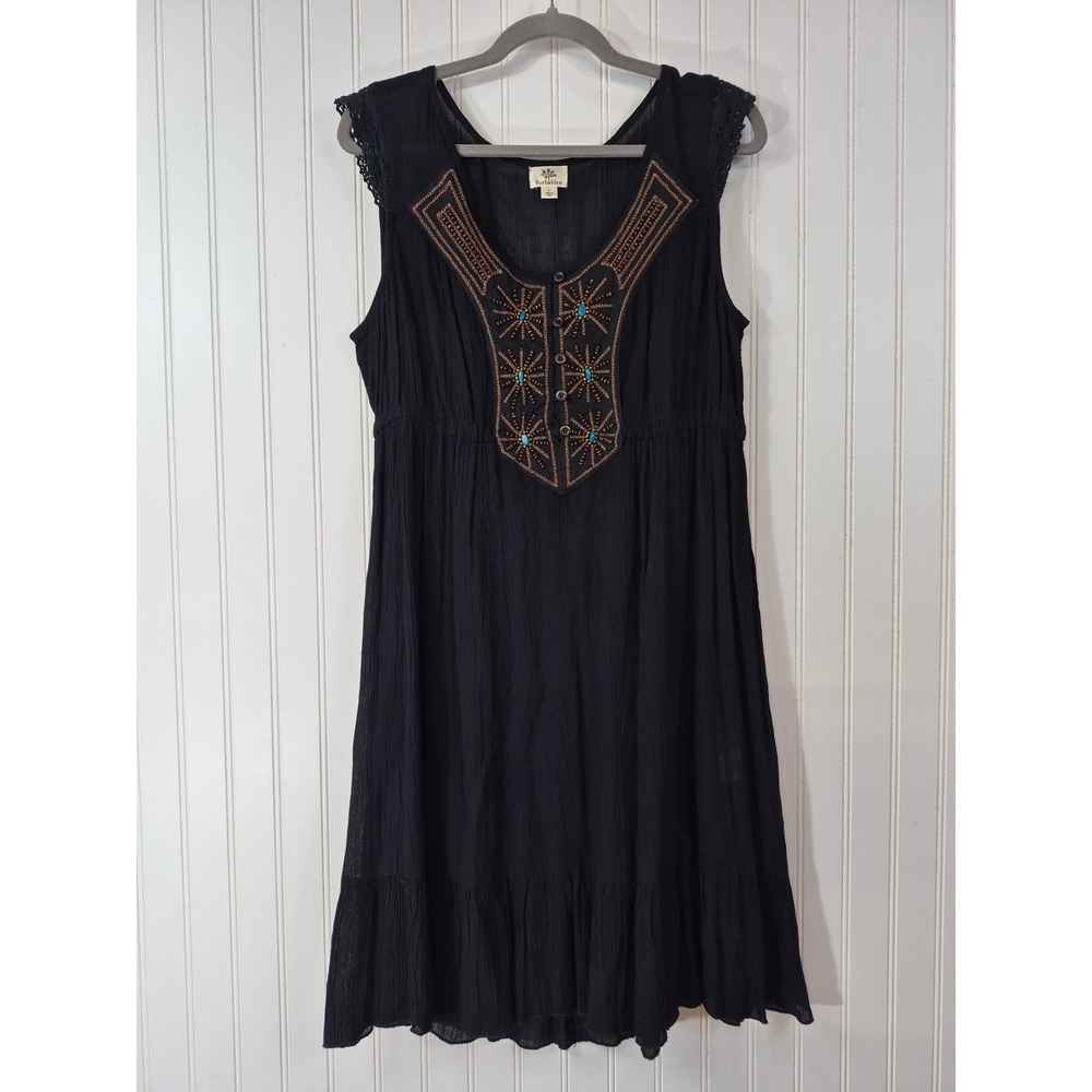 Forbidden Black Sheer Embroidered Crinkle Gauze Boho Mini Dress Size Large